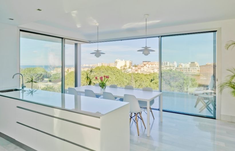 luxury holiday villa - slim sliding glass doors - minimal glass doors in sea view villa