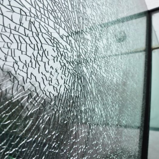 shattered glass pane that is toughened and laminated