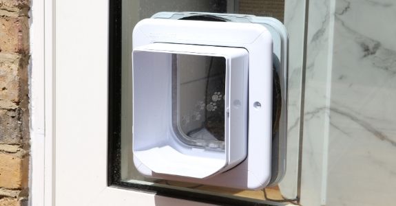 doggy door in a sliding glass aluminium patio door with white frames