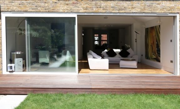 three pane bifold with one large pane to make room for a dog door