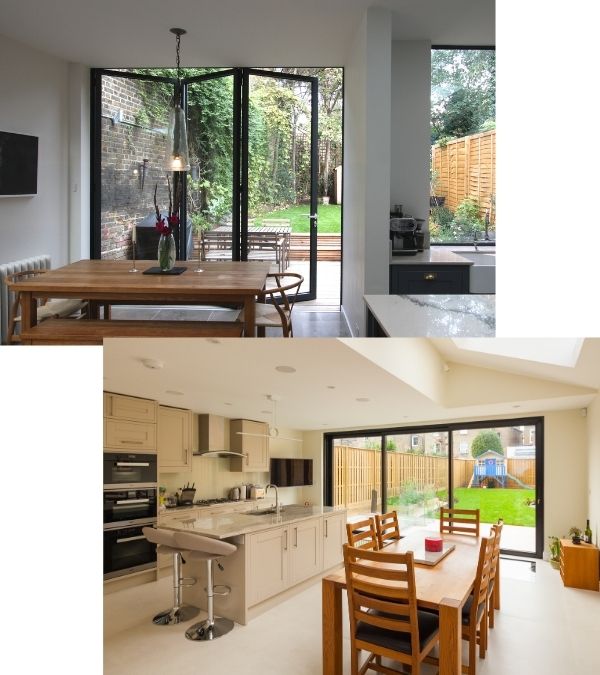 Sieger aluminium three pane bifold door and Sieger three pane slim sliding glass door with aluminium frame - both in a modern kitchen extension
