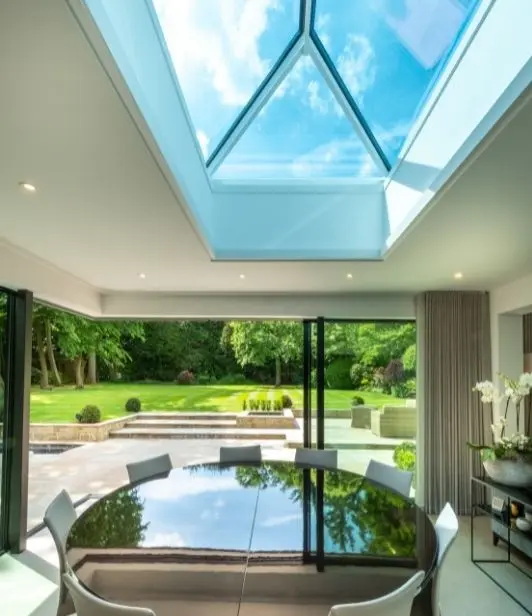 sieger aluminium framed roof lantern with open corner slim sliding doors