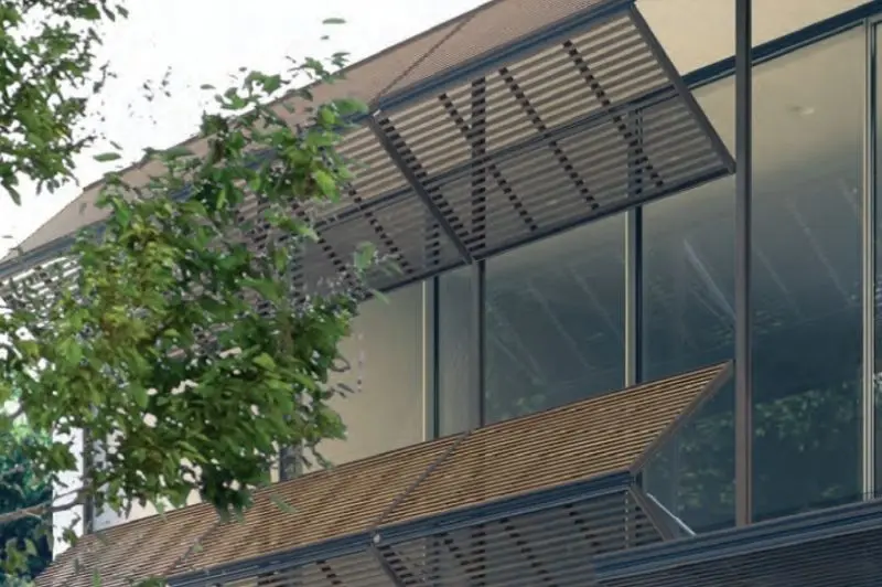 biparting vertical folding shading system that is automated for the exterior of large glass facades