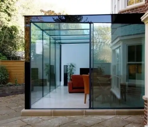 glass box extension with solar control structural glazing to prevent overheating and reduce solar gain and solar glare