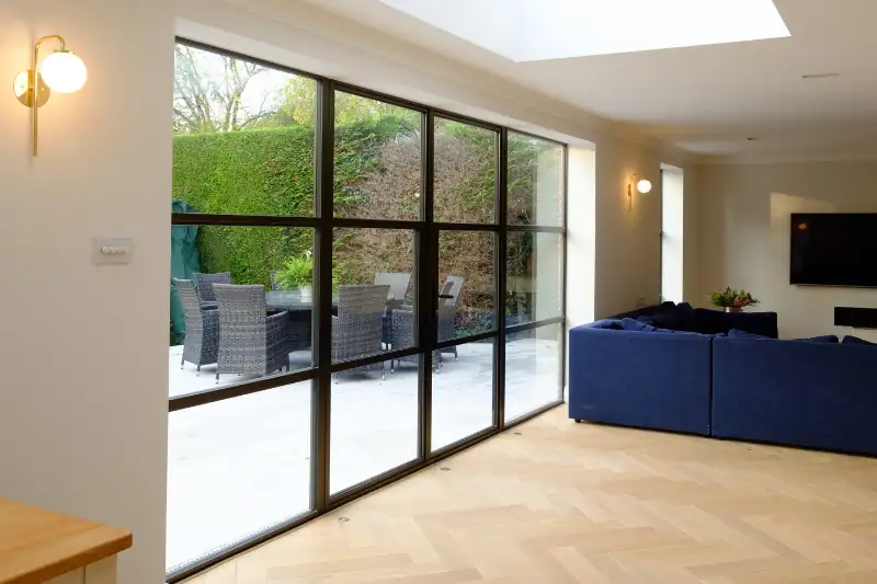 internal view of the sieger legacy casement door as steel look aluminium Belgian patio doors