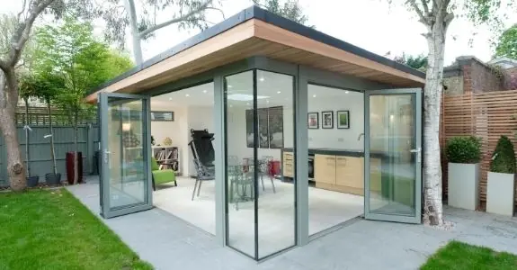 garden room with two Sieger bifolding doors and fixed glazing