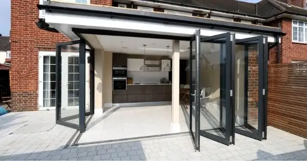 corner opening bifold patio doors in a modern single storey extension